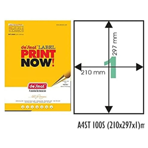 Desmat A4 Size 1 Label Full Sheet Self-Adhesive Paper Sticker Pack of 100 Sheets