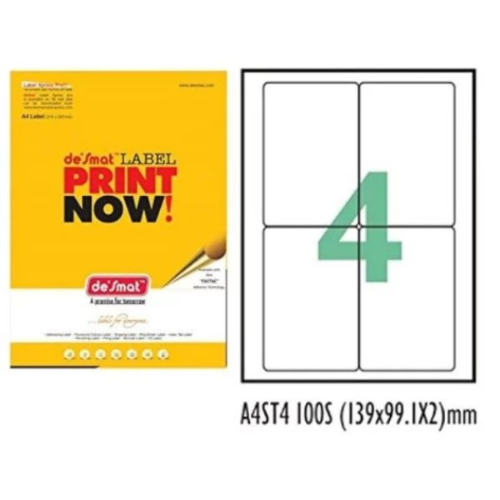 DESMAT A4 Self-Adhesive Paper Label - 4 Labels Per Sheet - Pack of 100 Sheets