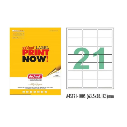 Desmat A4 Size Paper Labels 21 Label Per Sheet (Pack of 100 Sheets)