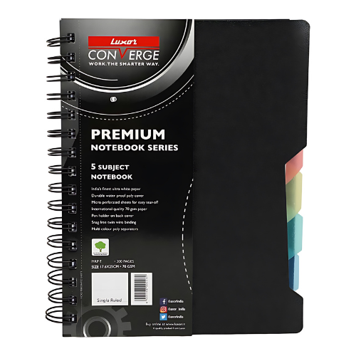 Luxor 5 Subject Notebook - 70 gsm, 300 Pages, Single Ruled, Spiral Bound