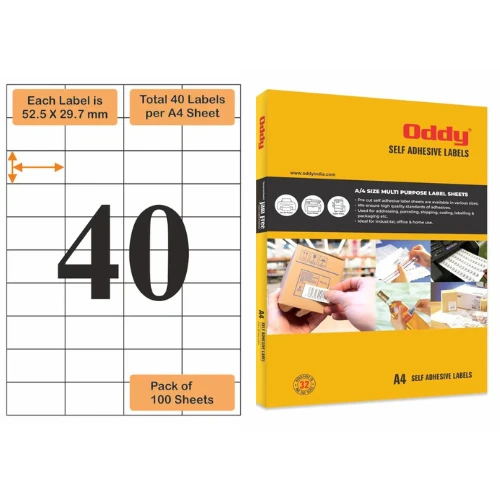 Oddy A4 Paper Label Stickers 40 Labels per Sheet Pack of 100 Sheets